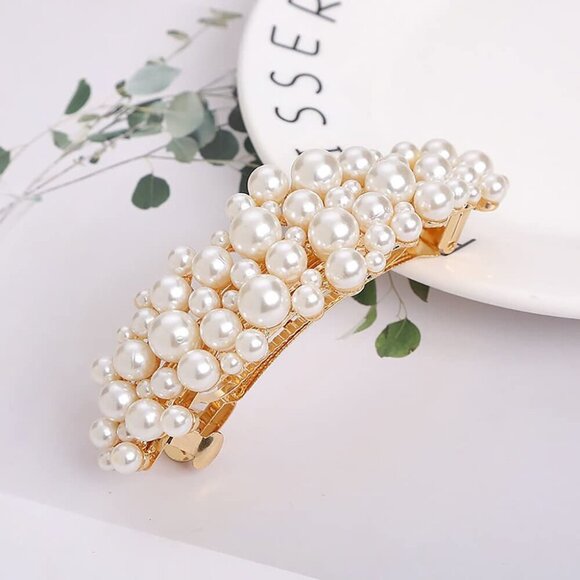 Vintage Large Pearl Hair Clips French Clasp Metal Elegant Accessory for Women Gi - Picture 2 of 7